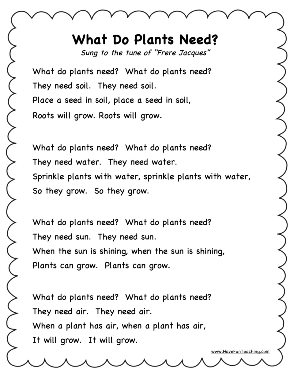 Text-only black-and-white plant-needs poem includes four verses naming soil, water, sun, and air for growth.
