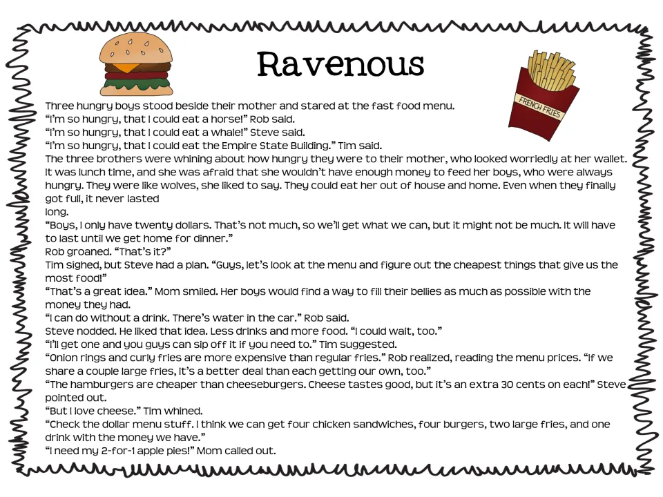 Ravenous story: hungry brothers who could eat a horse plan how to spend $20 on fast food; read for figurative phrases