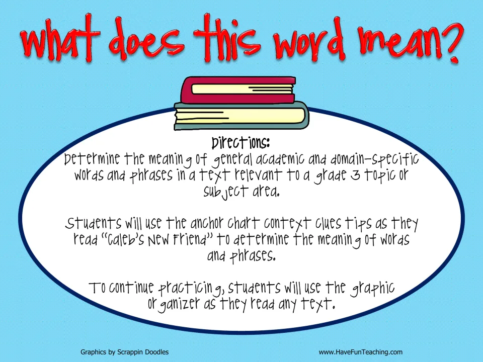 What Does This Word Mean? cover with directions: use context clue tips while reading a story, then a graphic organizer