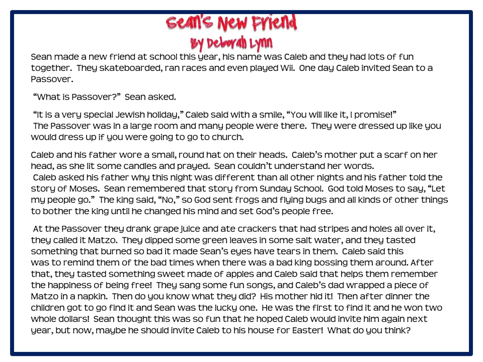 Story 'Sean's New Friend' by Deborah Lynn: Sean joins Caleb's family for Passover, with words like Matzo to decode