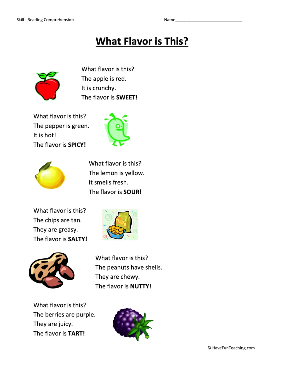 Reading passage describing six foods and their flavors: sweet, spicy, sour, salty, nutty, and tart.