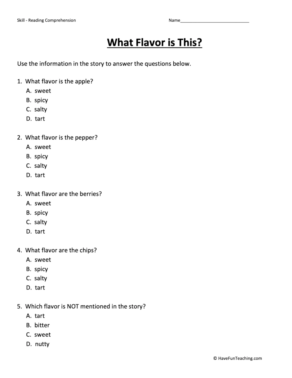 Five multiple-choice questions about apple, pepper, berry, and chip flavors and a flavor not in the passage.