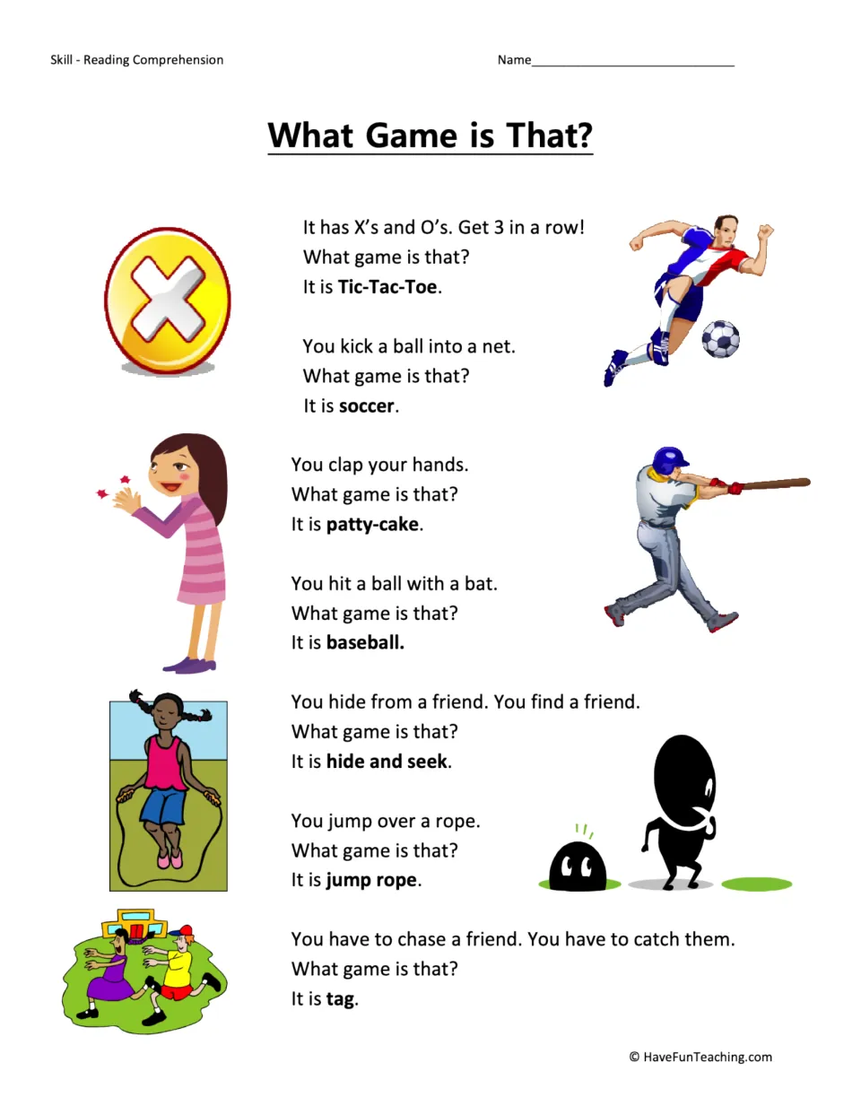 Reading passage gives clues for seven games: tic-tac-toe, soccer, patty-cake, baseball and three more.