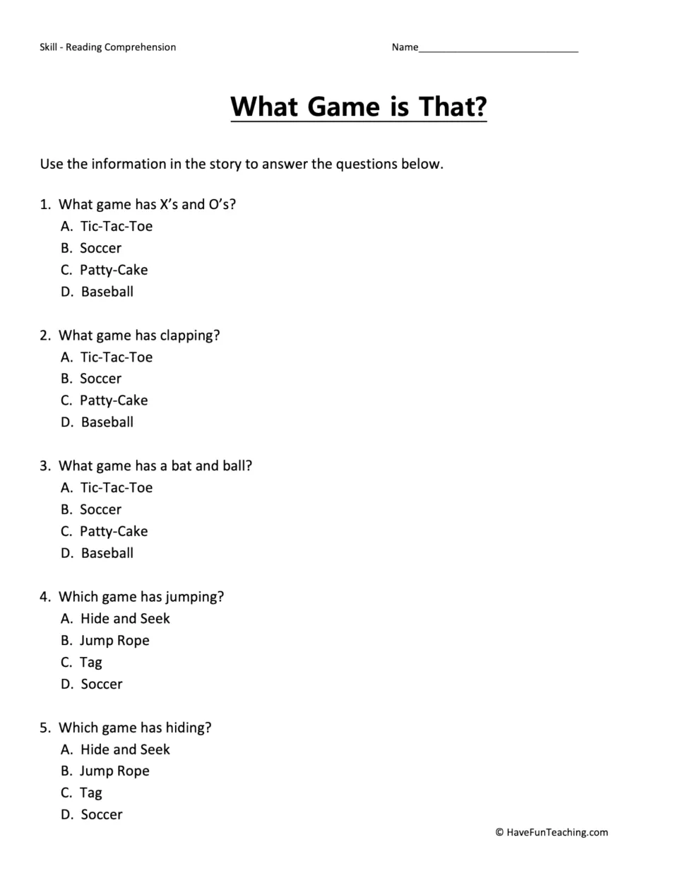 Five multiple-choice questions ask which games use X's and O's, clapping, a bat and ball, jumping and hiding.
