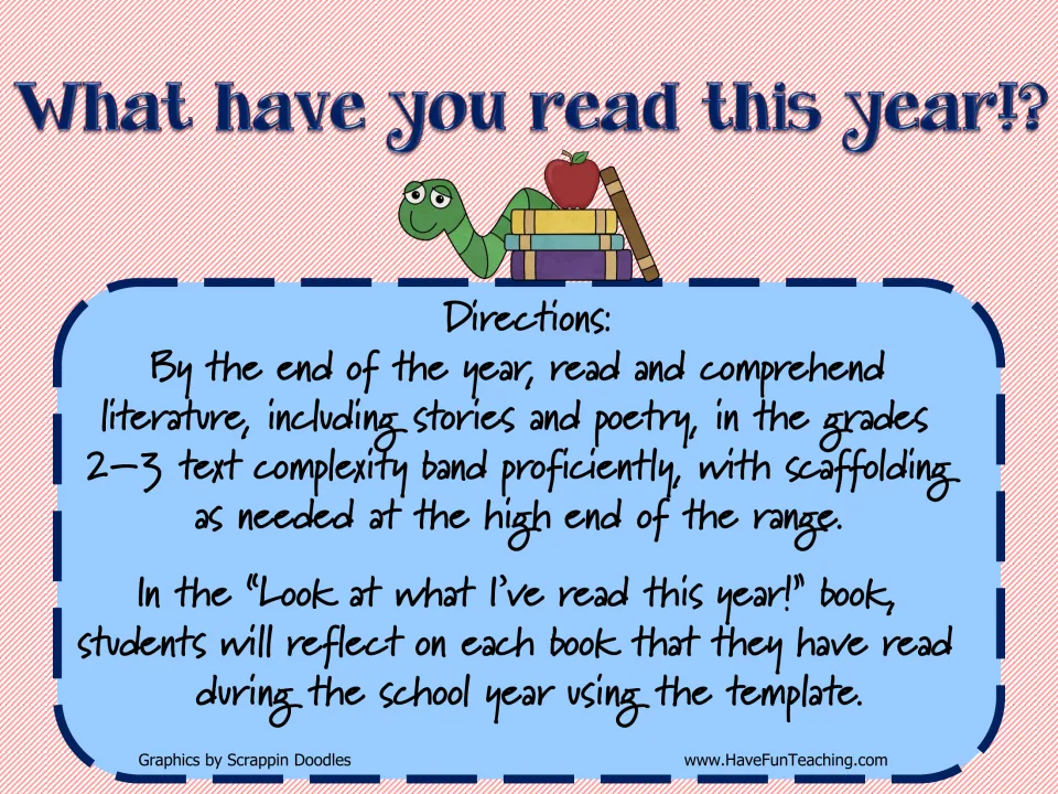 Reading reflection directions: students use a template to reflect on each book they read during the school year