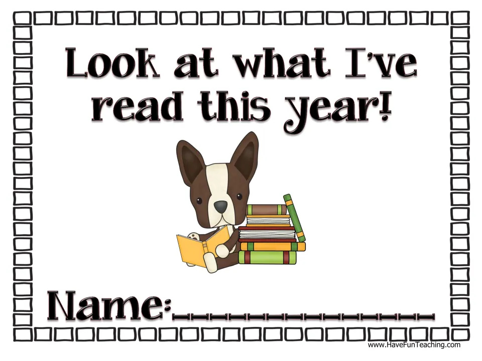 Cover of the 'Look at what I've read this year!' student book, with a dog reading beside a book stack and a name line