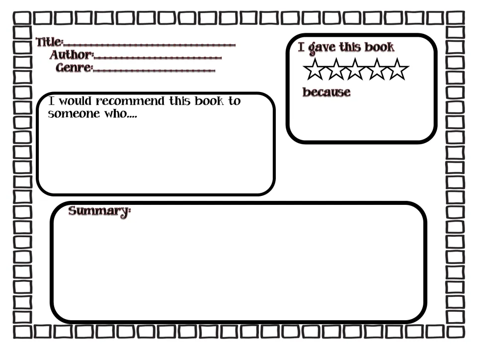 Book review template: students record title, author and genre, rate the book with stars, recommend it and write a summary