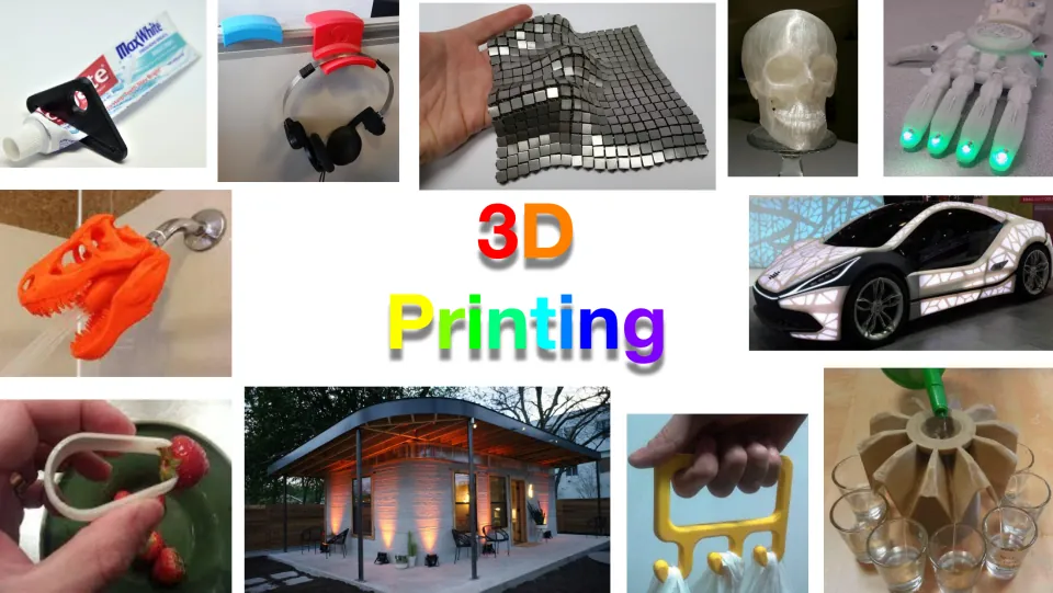 3D Printing title slide framed by photos of printed objects: a skull, a T. rex hook, a robotic hand, a car and a house