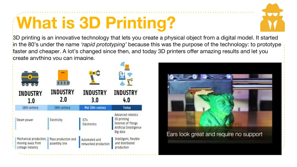 What is 3D Printing? slide defining the technology, its rapid prototyping origins and a timeline of Industry 1.0 to 4.0