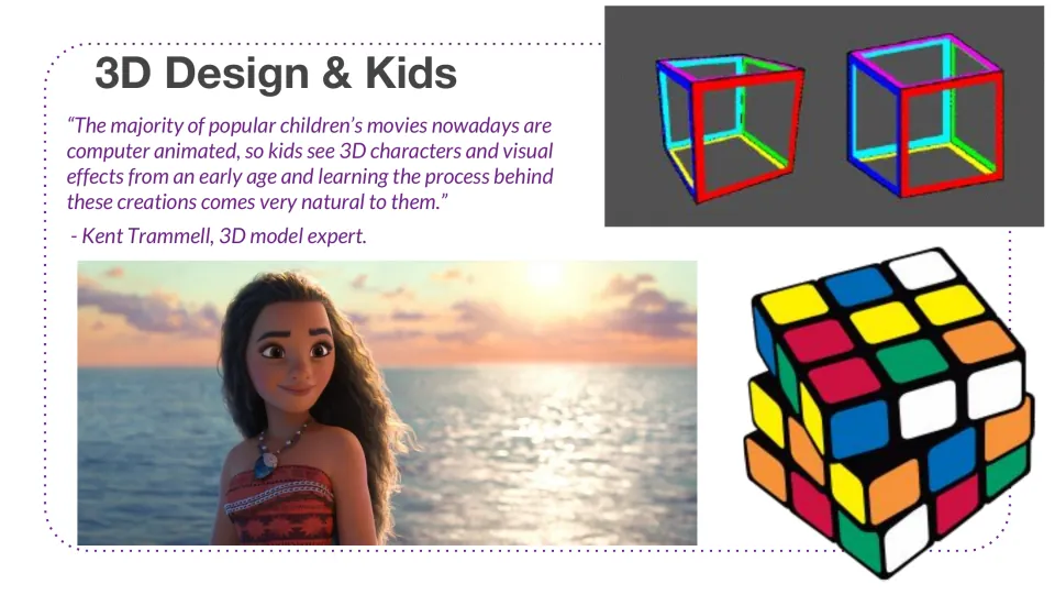 3D Design & Kids: Kent Trammell quote on animated movies, beside an animated character, wireframe cubes and a puzzle cube