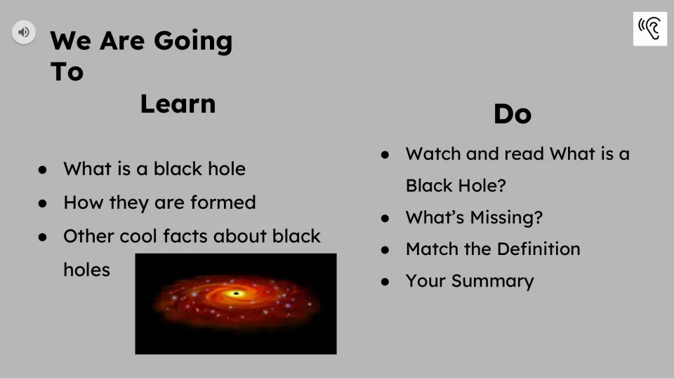 Learning goals cover black holes and their formation; tasks include watching, reading, matching, and summarizing