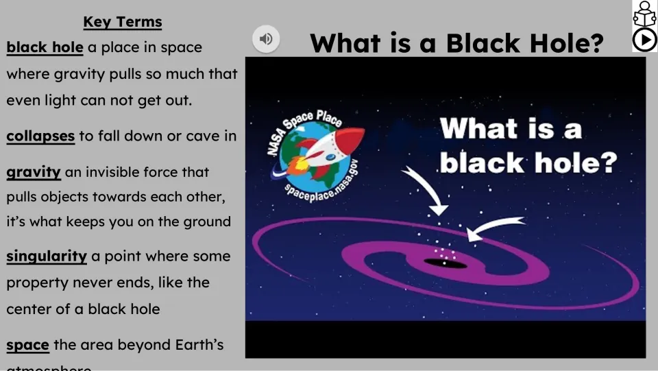 Video lesson slide pairs a NASA black hole video preview with definitions of gravity, singularity, and more