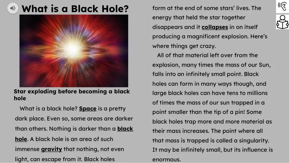 First reading slide explains black holes, gravity, stellar collapse, and singularity beside an exploding star