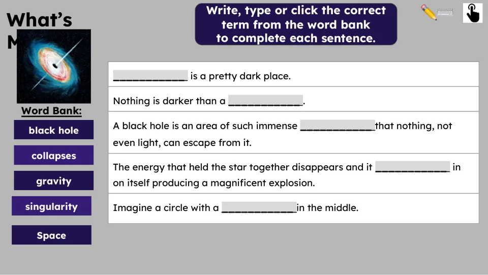 Vocabulary practice asks students to complete five black hole sentences using terms from the word bank