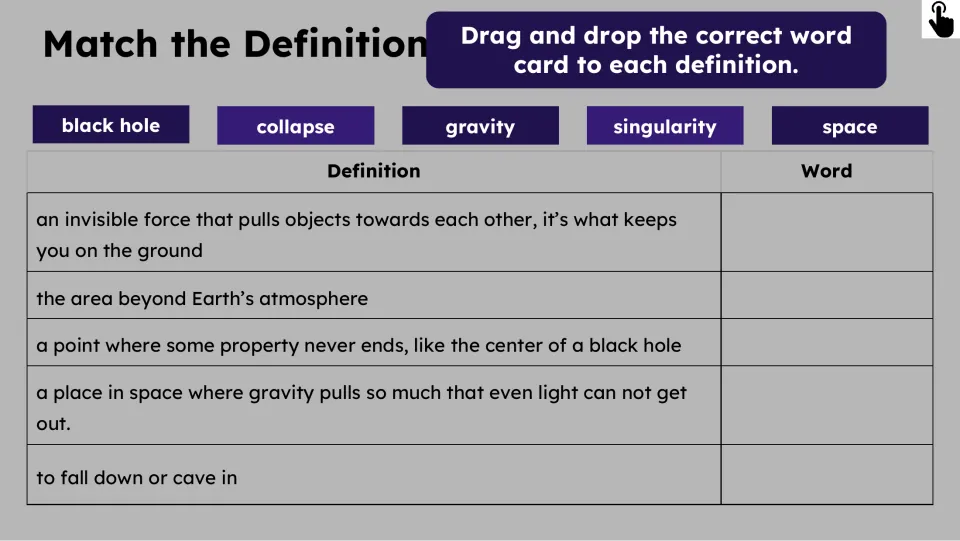 Definition matching asks students to match black hole, collapse, gravity, singularity, and space to meanings