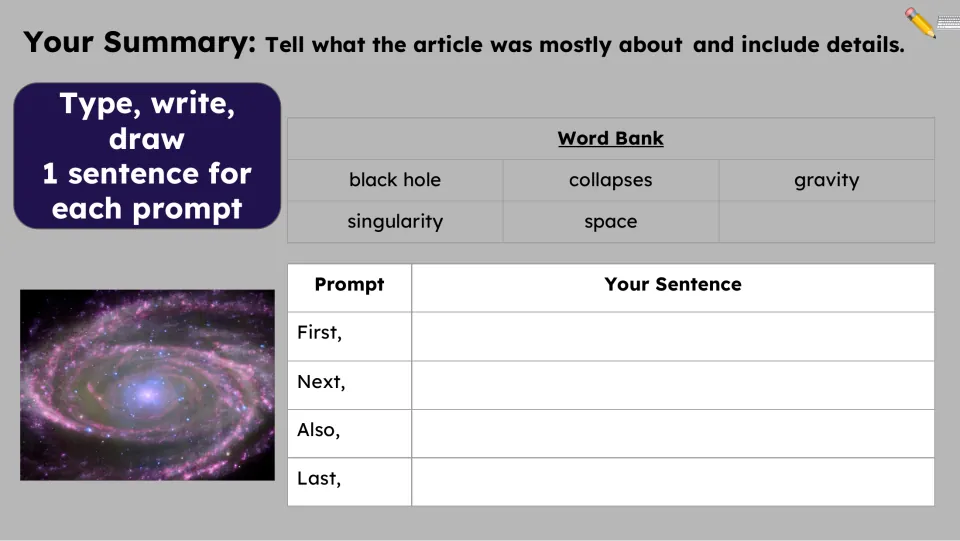 Summary activity asks for one sentence each beginning First, Next, Also, and Last, with a vocabulary word bank