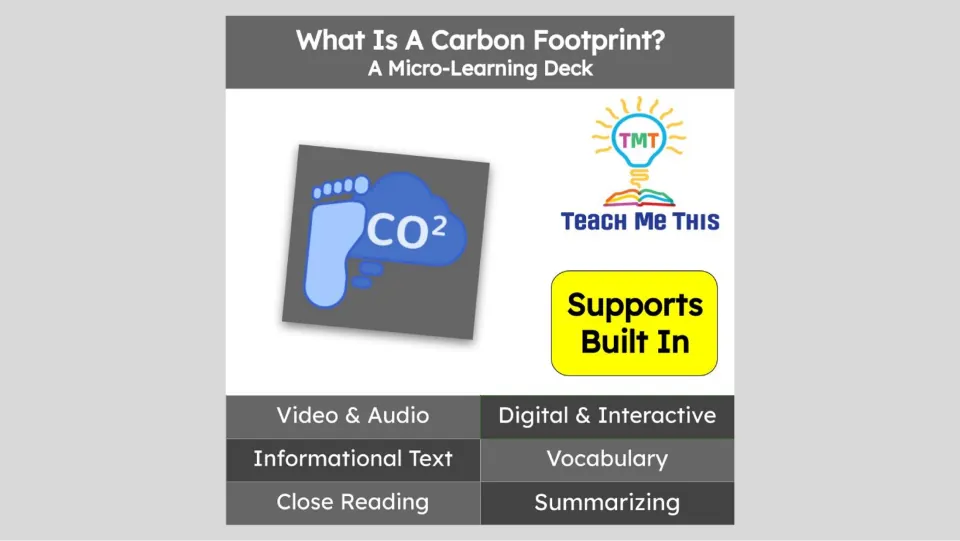 Cover of What Is a Carbon Footprint?, a micro-learning deck featuring reading, vocabulary, and summarizing