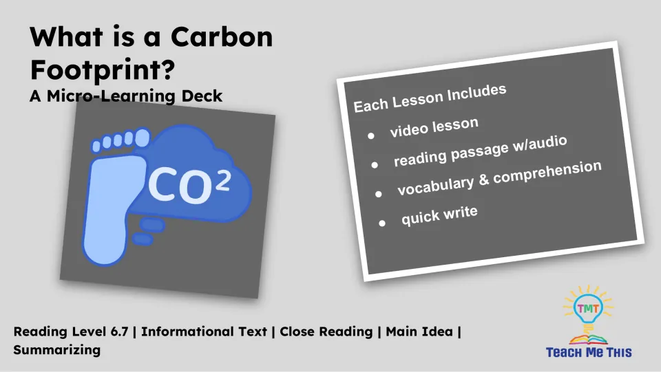 Lesson overview lists a video lesson, reading passage with audio, vocabulary and comprehension, and quick write