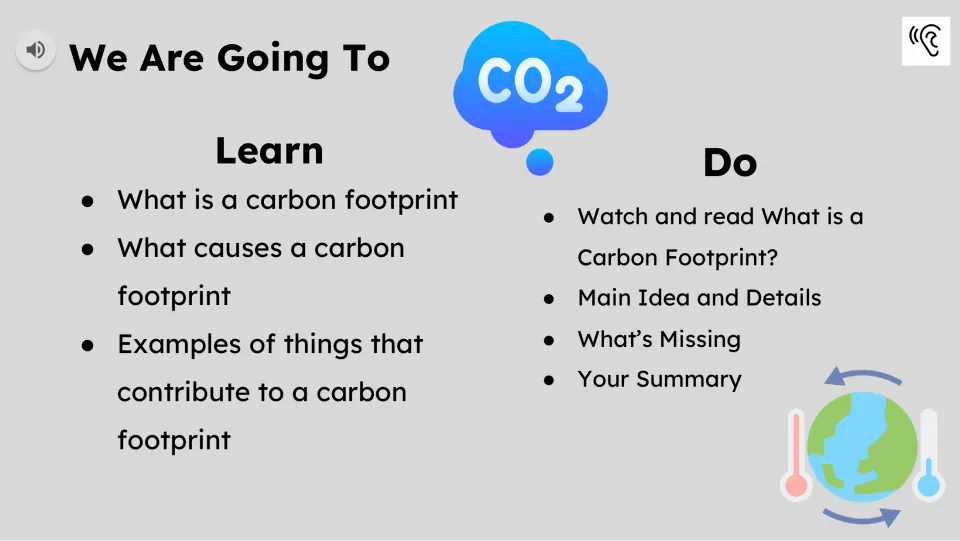 Lesson objectives introduce carbon footprints, their causes, and examples, followed by reading and summary tasks