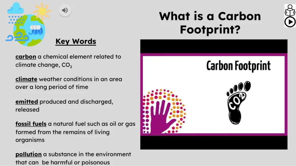 Vocabulary and video slide defines carbon, climate, emitted, fossil fuels, and pollution beside a video preview