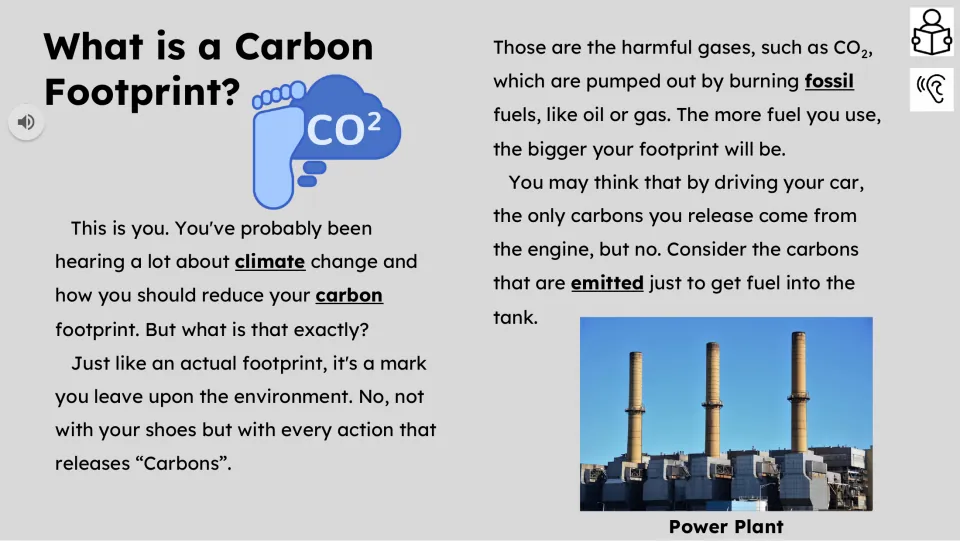 Reading passage part 1 explains carbon footprints through fossil fuel use, driving, and fuel production