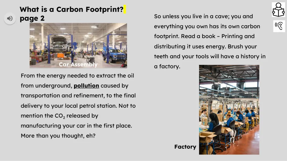 Reading passage part 2 connects carbon footprints to oil extraction, car manufacturing, books, and toothbrushes