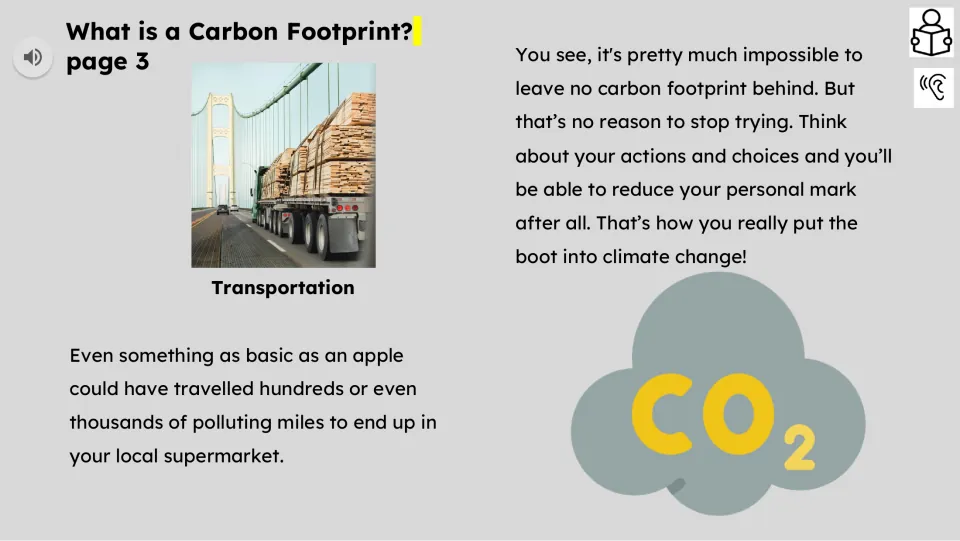 Reading passage part 3 uses an apple’s transportation to explain emissions and urges choices to reduce footprints