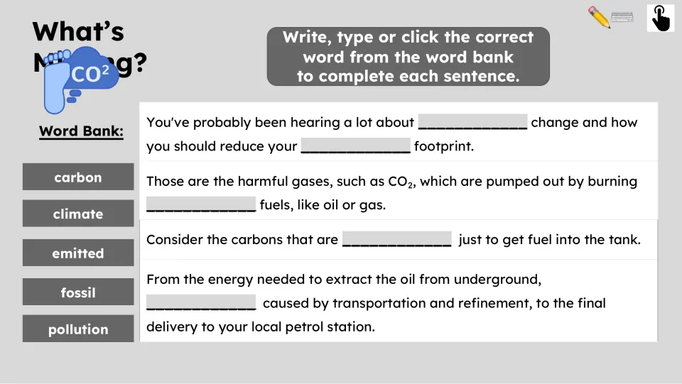 Vocabulary activity asks students to fill five blanks using carbon, climate, emitted, fossil, and pollution