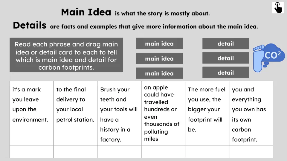 Main idea and detail activity asks students to sort six phrases about carbon footprints, fuel use, and products