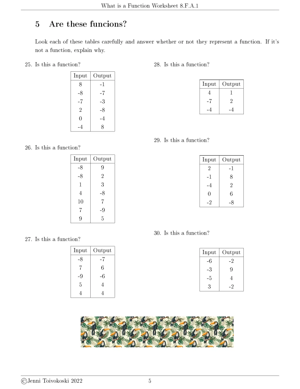Functions from input-output tables: students check 6 tables, items 25-30, for repeated inputs and explain non-functions