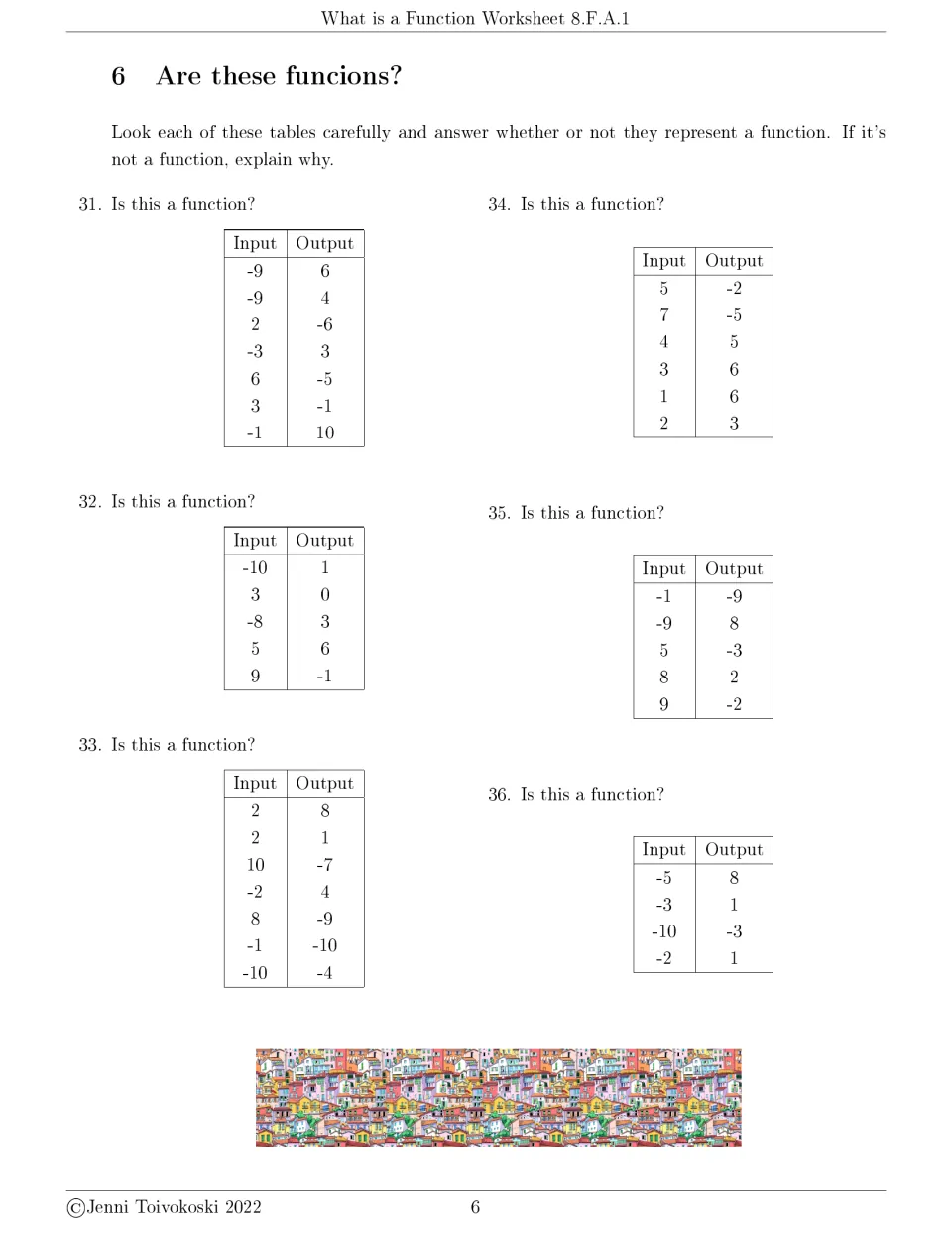 Input-output tables, set 2: students test items 31-36, spotting repeats such as input -9 and input 2 that break a function