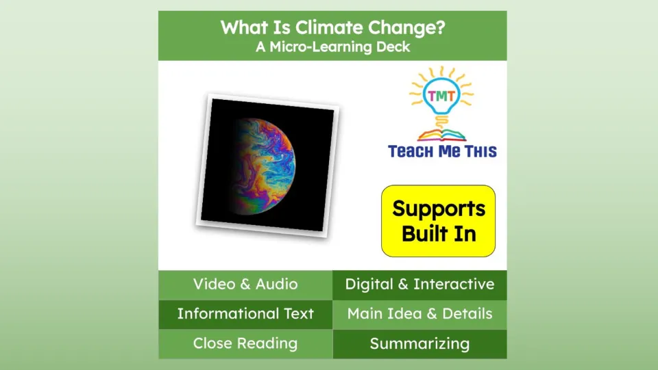 Cover of What Is Climate Change? introduces a micro-learning deck with video, audio, and reading supports.