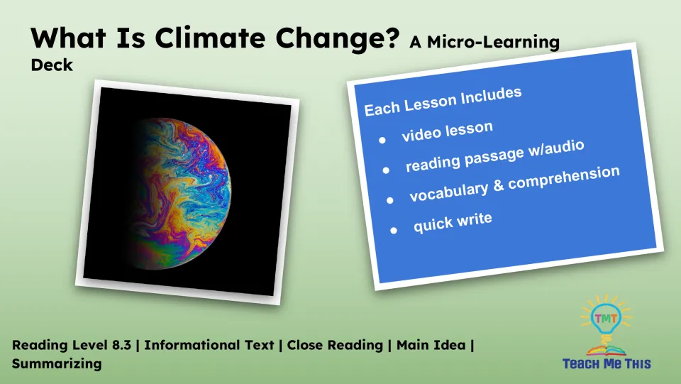 Lesson overview lists a video lesson, reading passage with audio, vocabulary and comprehension, and quick write.