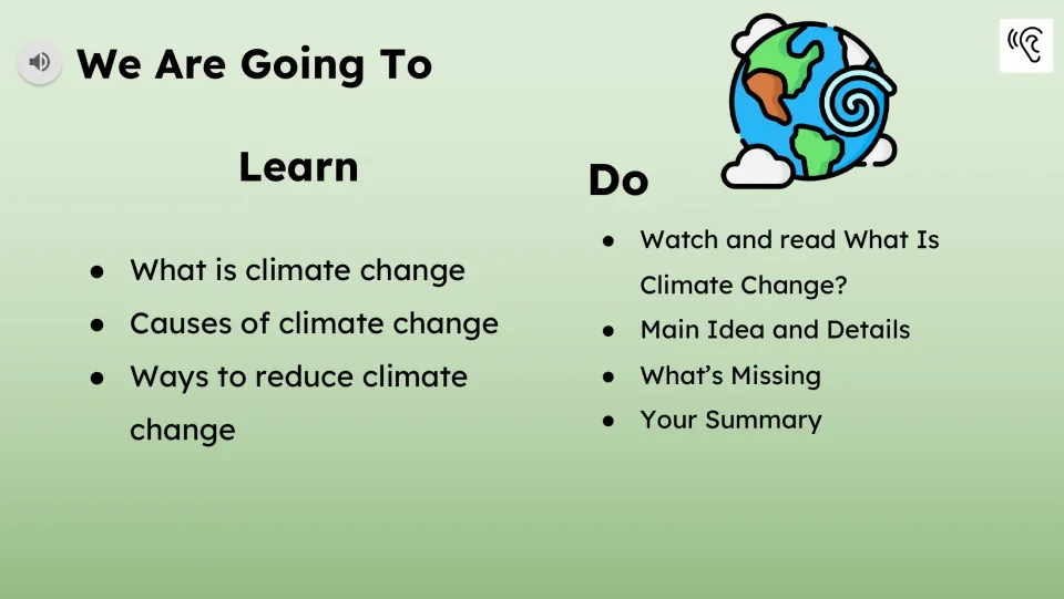 Lesson agenda names climate change, its causes, ways to reduce it, and reading and comprehension tasks.