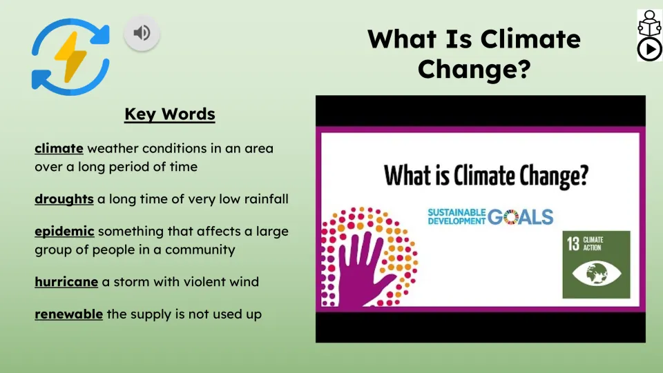 Vocabulary and video slide defines climate, droughts, epidemic, hurricane, and renewable beside a video preview.