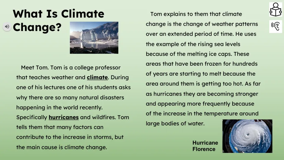 Reading passage part 1 introduces Professor Tom and discusses climate patterns, melting ice, and hurricanes.