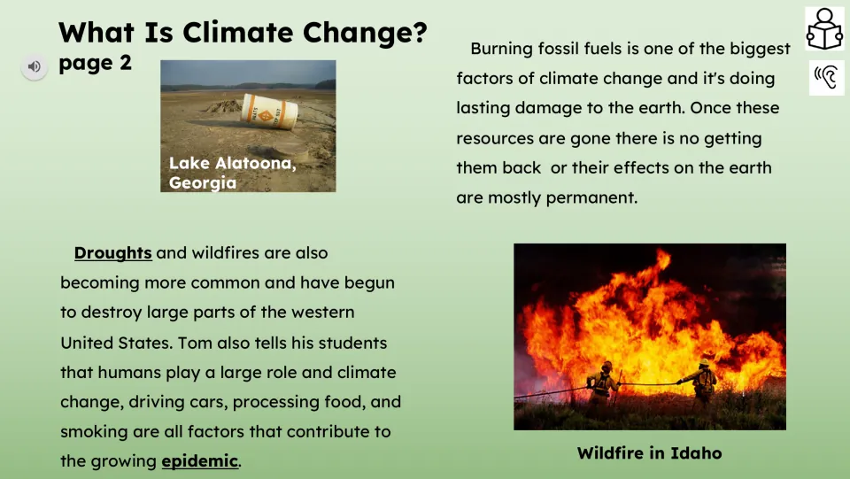Reading passage part 2 discusses droughts, wildfires, human activities, and the effects of burning fossil fuels.