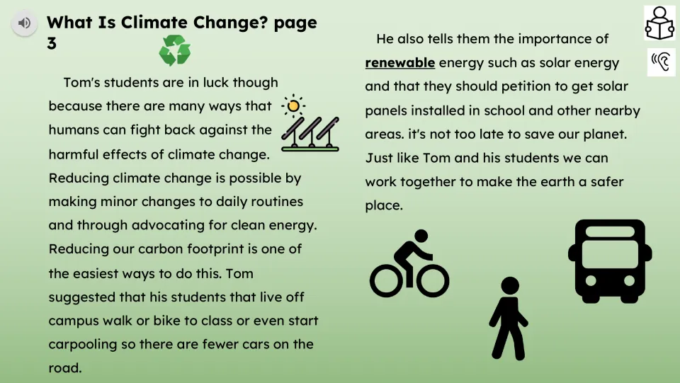 Reading passage part 3 describes reducing carbon footprints through walking, biking, carpooling, and solar energy.