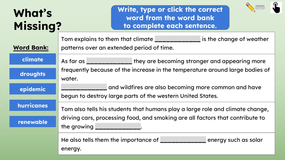 Vocabulary practice asks students to complete five passage sentences using the 'What's Missing?' word bank.
