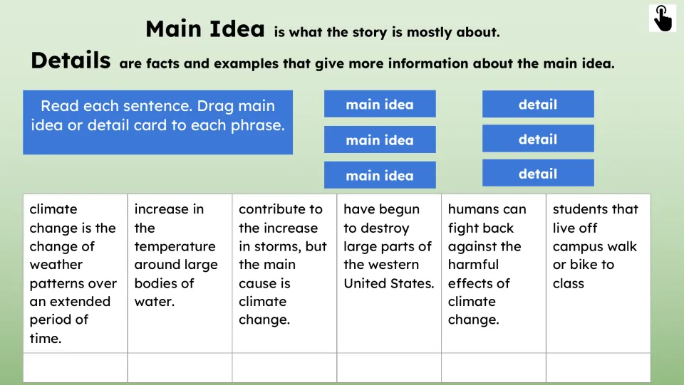 Main idea and detail activity asks students to label six excerpts about climate change, its effects, and actions.