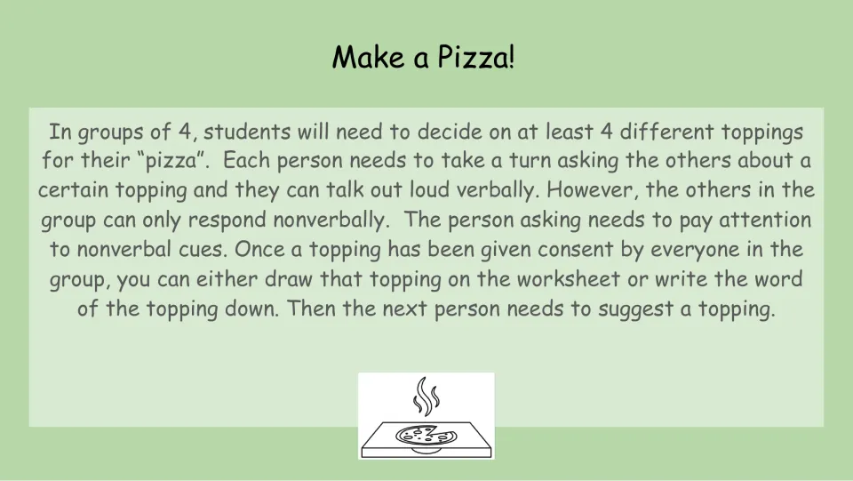 Pizza activity directions for groups of four to agree on at least four toppings using nonverbal responses.