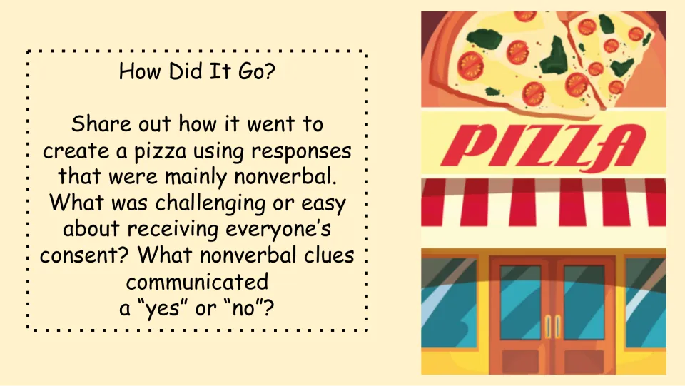 Pizza activity reflection asking what was easy or challenging and which nonverbal cues meant yes or no.