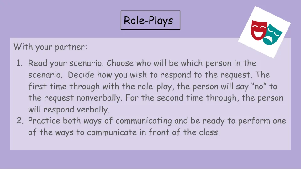 Partner role-play directions to refuse a request nonverbally first, then verbally, and practice both ways.
