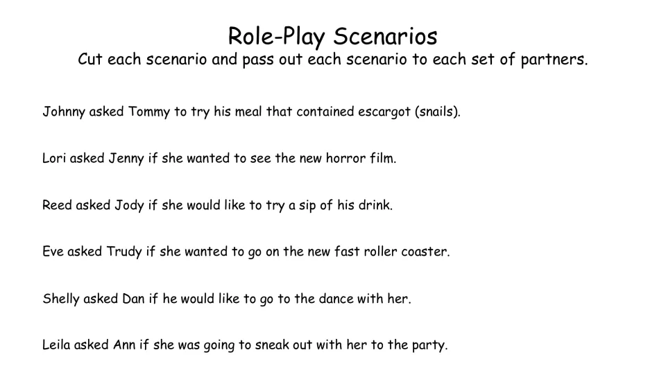 Role-play scenarios 1–6: trying snails, a horror film, sharing a drink, a roller coaster, a dance, and sneaking out.