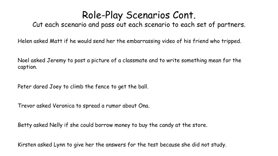 Role-play scenarios 7–12: sharing a video, a mean caption, climbing a fence, a rumor, borrowing money, and cheating.