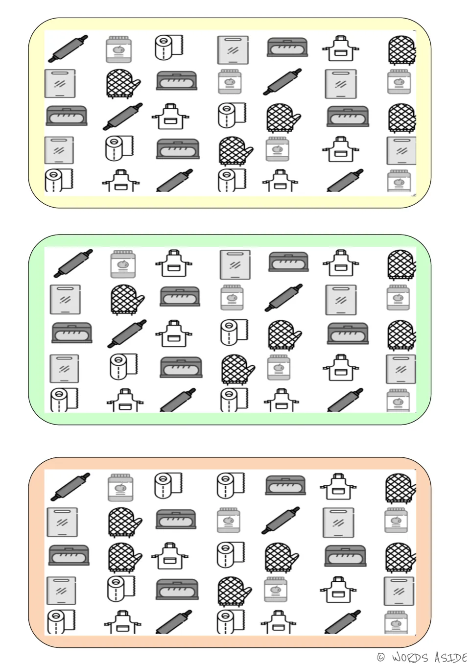 Three kitchen vocabulary boards for spotting differences, showing rolling pins, aprons, oven mitts and jars