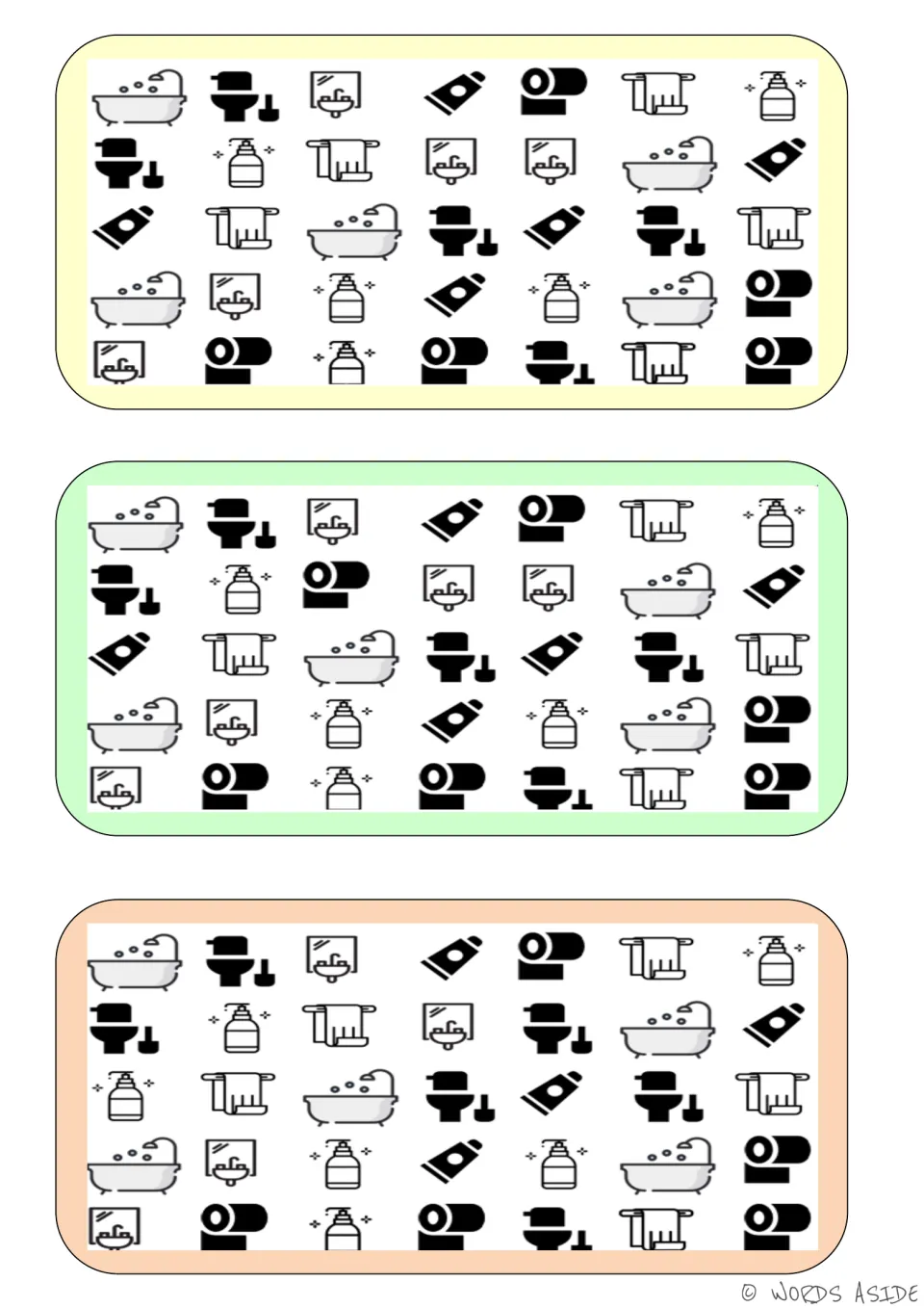 Three bathroom vocabulary boards for comparing tubs, toilets, sinks, towels, soap, toothpaste and toilet paper.