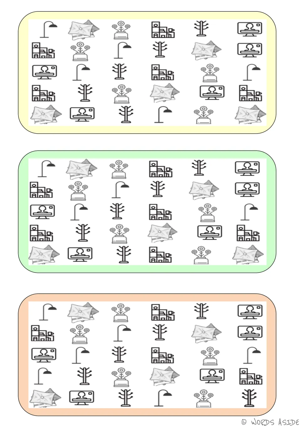 Three vocabulary boards for finding differences in repeated lamps, plants, coat racks, screens, and other objects