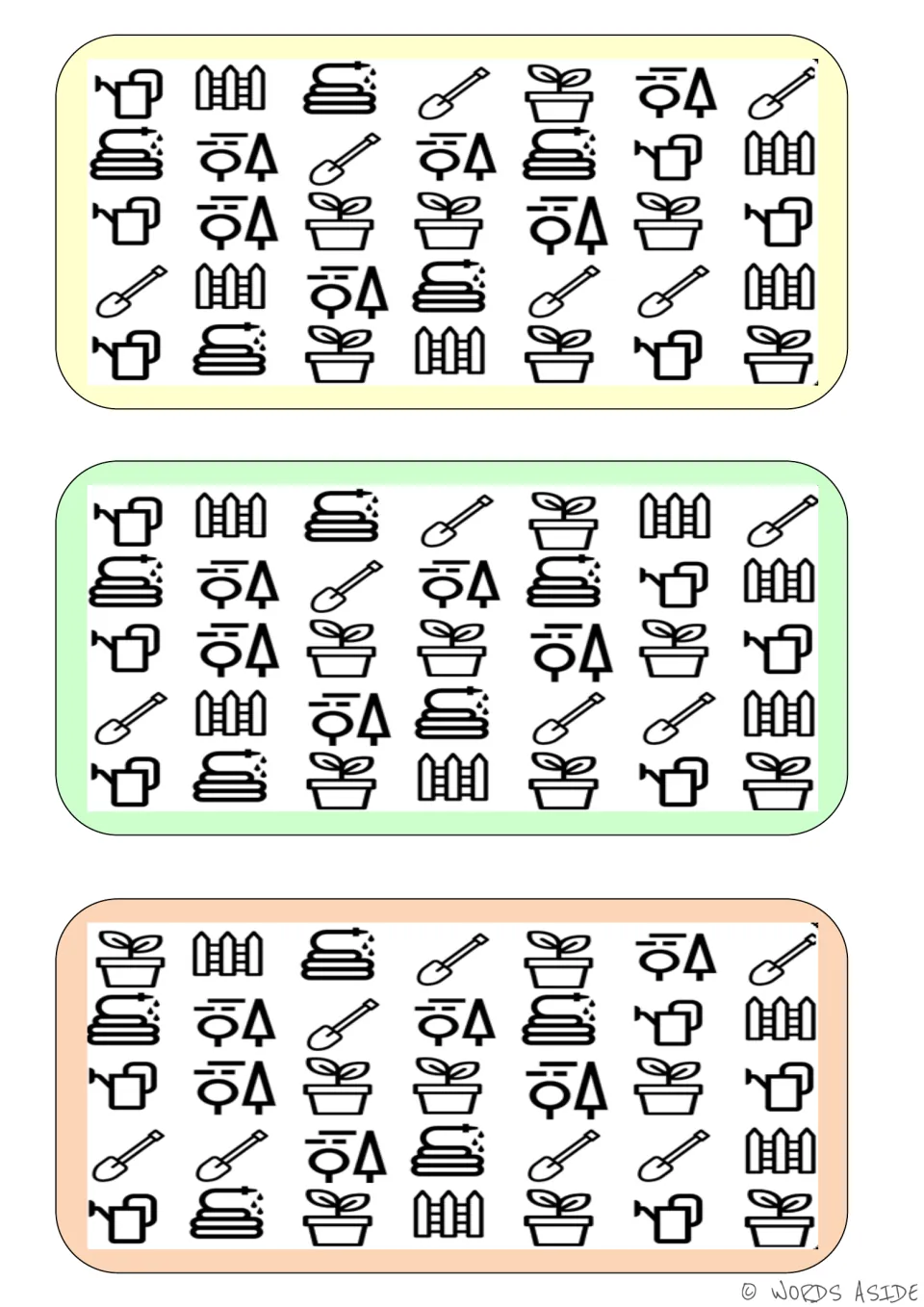 Three gardening vocabulary boards for finding differences, showing watering cans, fences, hoses, pots, and shovels