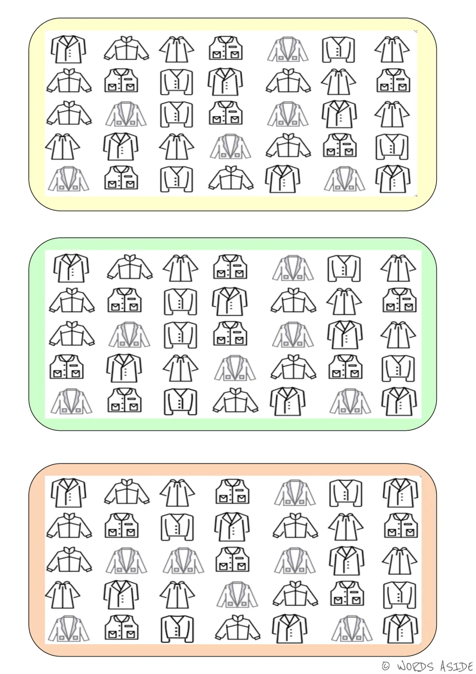 Vocabulary comparison boards: three sets of shirts, jackets, vests, and cardigans with small differences
